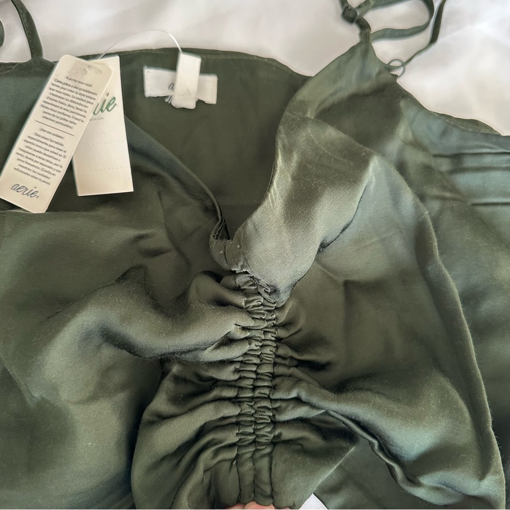 Aerie Satin Cinched Cropped Tank Top Olive - Picture 6 of 9